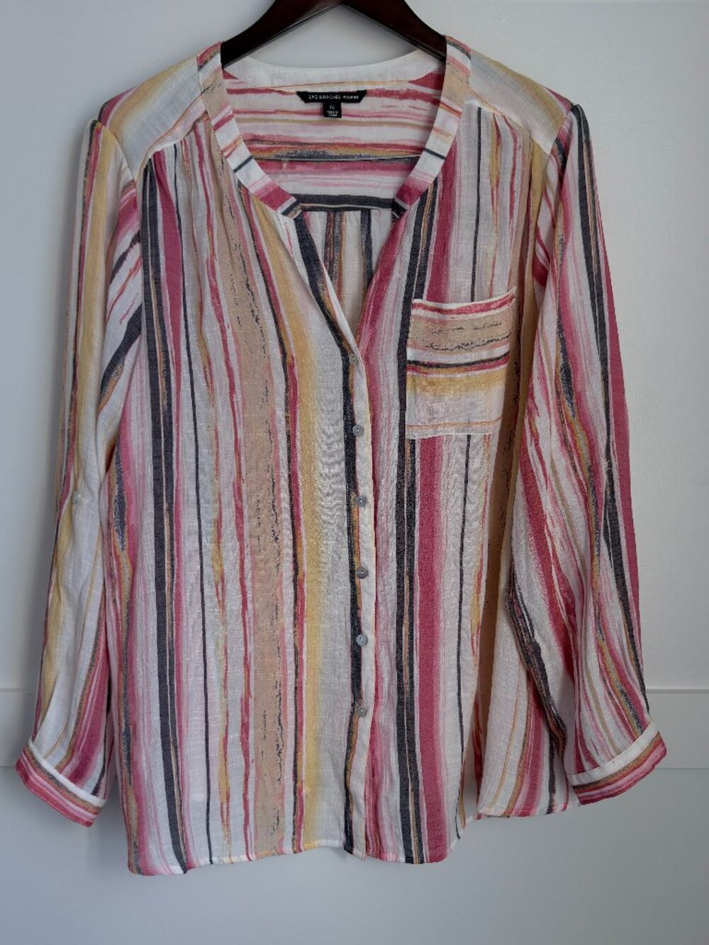 Zac & Rachel Blouse Womens 2X Multi Color Stripe Roll Tab Button Down Gauze Top